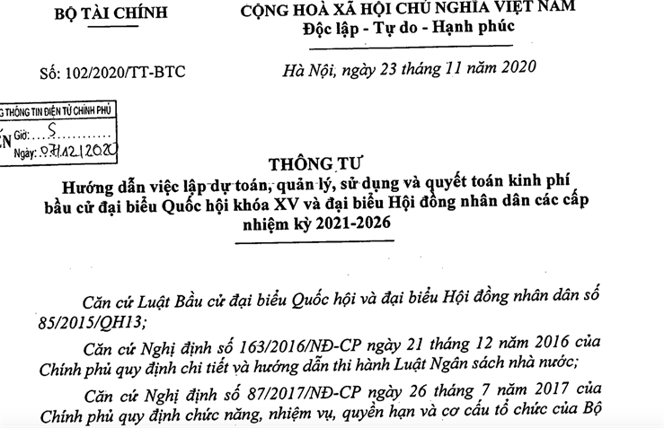 BỘ TÀI CHÍNH BAN HÀNH THÔNG TƯ SỐ 102/2020/TT-BTC HƯỚNG DẪN VIỆC LẬP DỰ TOÁN, QUẢN LÝ, SỬ DỤNG VÀ QUYẾT TOÁN KINH PHÍ BẦU CỬ ĐBQH…