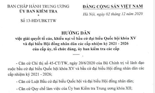 HƯỚNG DẪN VIỆC GIẢI QUYẾT TỐ CÁO, KHIẾU NẠI VỀ BẦU CỬ ĐBQH KHOÁ XV VÀ ĐẠI BIỂU HĐND CÁC CẤP NHIỆM KỲ 2021-2026 CỦA CẤP UỶ, TỔ CHỨC ĐẢNG, UỶ BAN KIỂM TRA CÁC CẤP