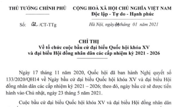 CHỈ THỊ SỐ 02 CỦA THỦ TƯỚNG CHÍNH PHỦ VỀ TỔ CHỨC BẦU CỬ ĐBQH KHOÁ XV VÀ ĐẠI BIỂU HĐND CÁC CẤP NHIỆM KỲ 2021-2026