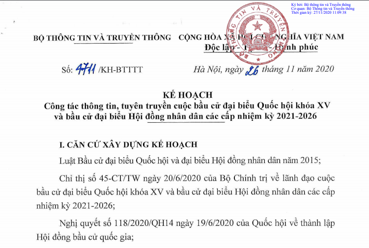 BỘ TT&TT BAN HÀNH KẾ HOẠCH SỐ 4711/KH-BTTTT VỀ CÔNG TÁC THÔNG TIN, TUYÊN TRUYỀN CUỘC BẦU CỬ ĐBQH KHOÁ XV VÀ BẦU CỬ ĐẠI BIỂU HĐND CÁC CẤP