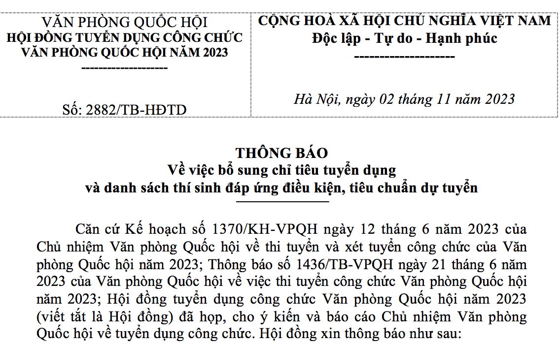 THÔNG BÁO SỐ 2882/TB-HĐTD VỀ BỔ SUNG CHỈ TIÊU TUYỂN DỤNG VÀ DANH SÁCH THÍ SINH