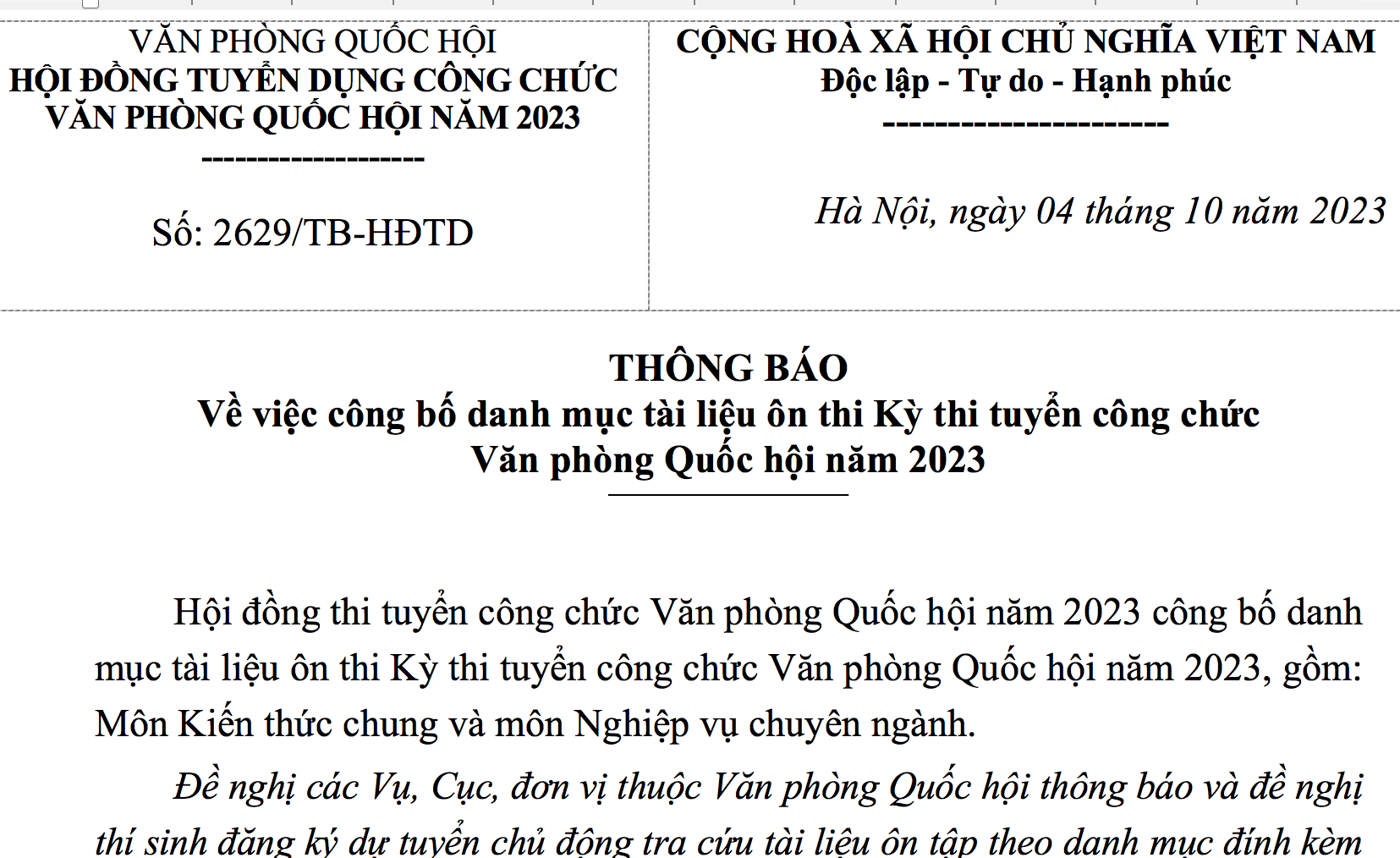 CÔNG BỐ DANH MỤC TÀI LIỆU ÔN THI KỲ THI TUYỂN CÔNG CHỨC VPQH NĂM 2023