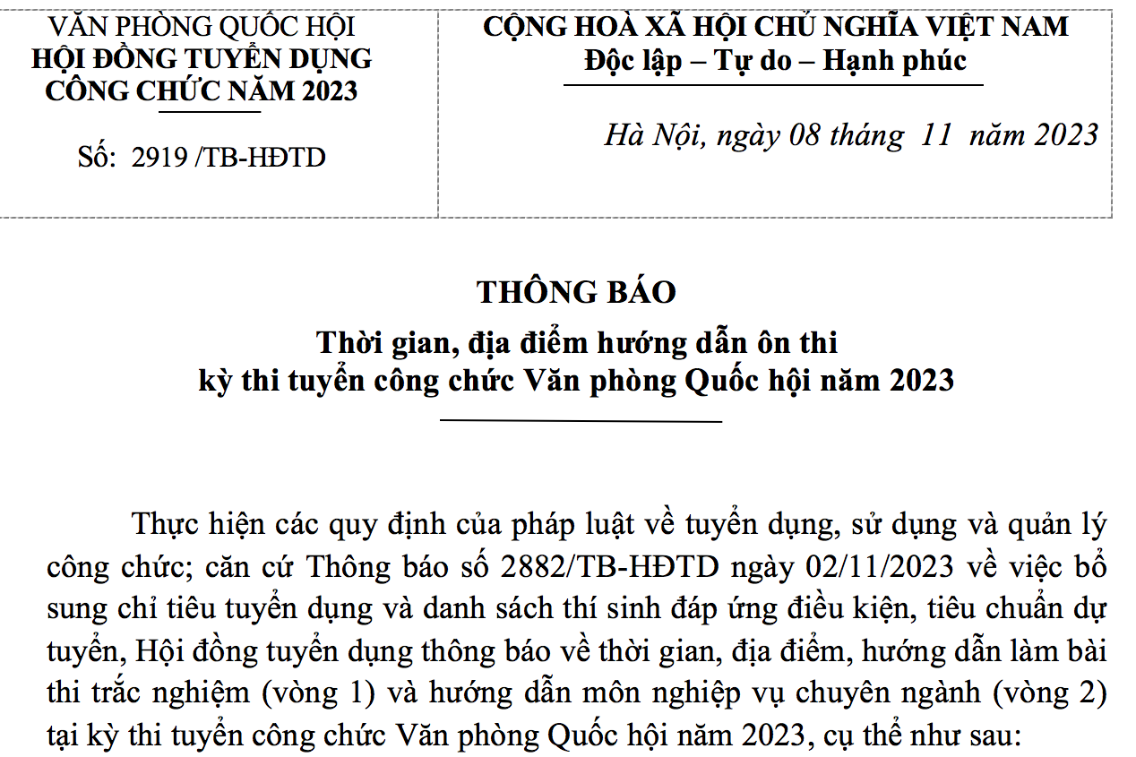 THÔNG BÁO HƯỚNG DẪN ÔN THI KỲ THI TUYỂN CÔNG CHỨC VPQH NĂM 2023