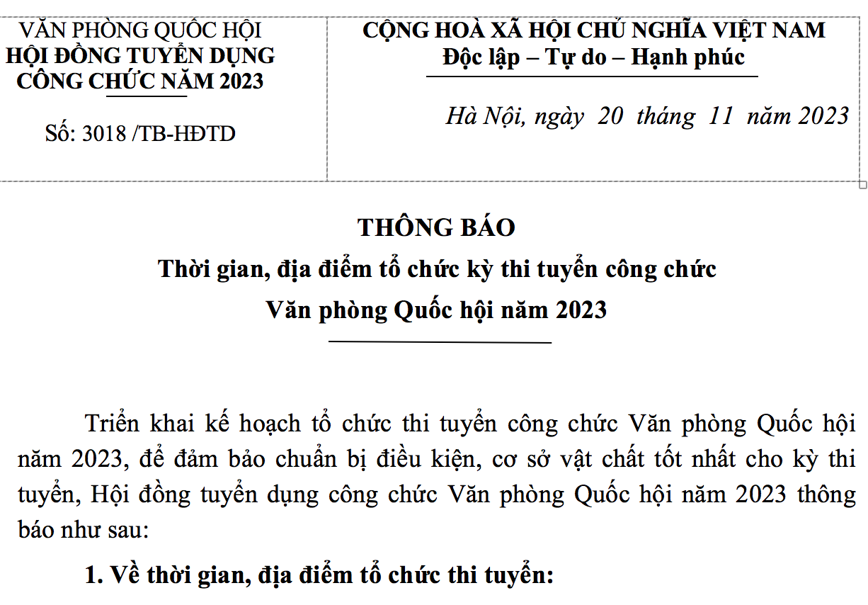 THÔNG BÁO TỔ CHỨC KỲ THI TUYỂN CÔNG CHỨC VĂN PHÒNG QUỐC HỘI 2023