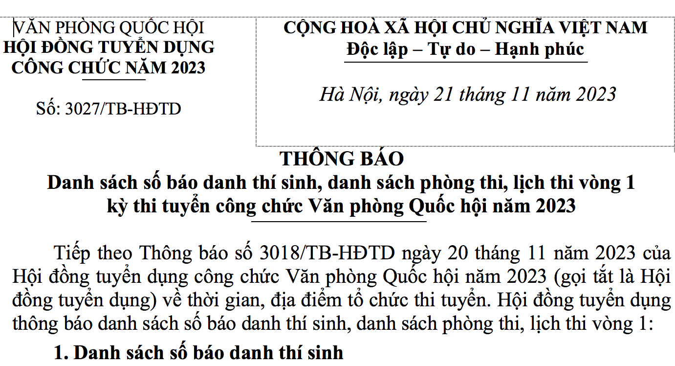 THÔNG BÁO THI TUYỂN VÒNG 1 KỲ THI TUYỂN CÔNG CHỨC VPQH NĂM 2023