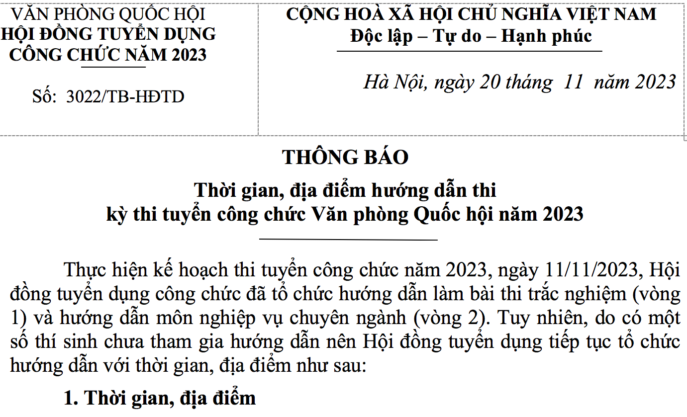 THÔNG BÁO HƯỚNG DẪN THI KỲ THI TUYỂN CÔNG CHỨC VPQH NĂM 2023