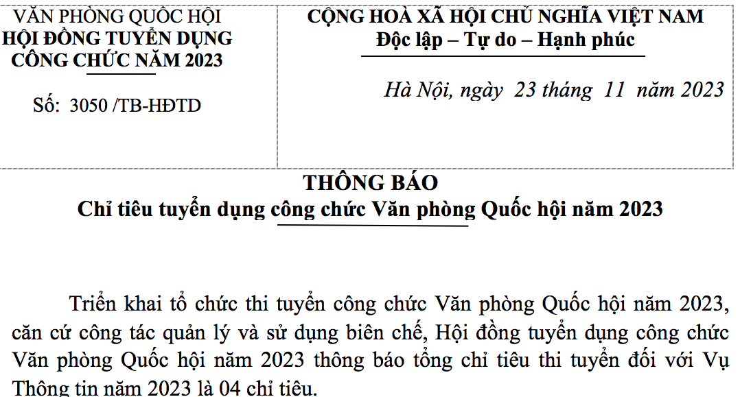 THÔNG BÁO CHỈ TIÊU TUYỂN DỤNG CÔNG CHỨC VPQH NĂM 2023