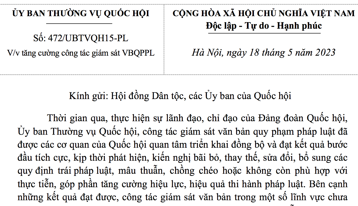 UỶ BAN THƯỜNG VỤ QUỐC HỘI BAN HÀNH VĂN BẢN SỐ 472/UBTVQH15-PL VỀ TĂNG CƯỜNG CÔNG TÁC GIÁM SÁT VĂN BẢN QUY PHẠM PHÁP LUẬT