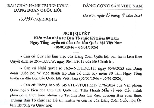 Nghị quyết số 2799-NQ/ĐĐQH15 ngày 23/9/2024 của Đảng đoàn Quốc hội về kiện toàn nhân sự Ban Tổ chức Kỷ niệm 80 năm Ngày Tổng tuyển cử đầu tiên bầu Quốc hội Việt Nam (06/01/1946 – 06/01/2026)