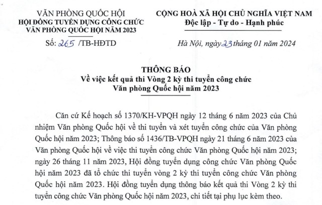 CÔNG BỐ KẾT QUẢ THI VÒNG 2 KỲ THI TUYỂN CÔNG CHỨC VĂN PHÒNG QUỐC HỘI NĂM 2023