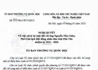 NGHỊ QUYẾT SỐ 734/NQ-UBTVQH 15 VỀ XỬ LÝ KỶ LUẬT ĐỐI VỚI PHÓ CHỦ TỊCH HĐND TỈNH PHÚ YÊN